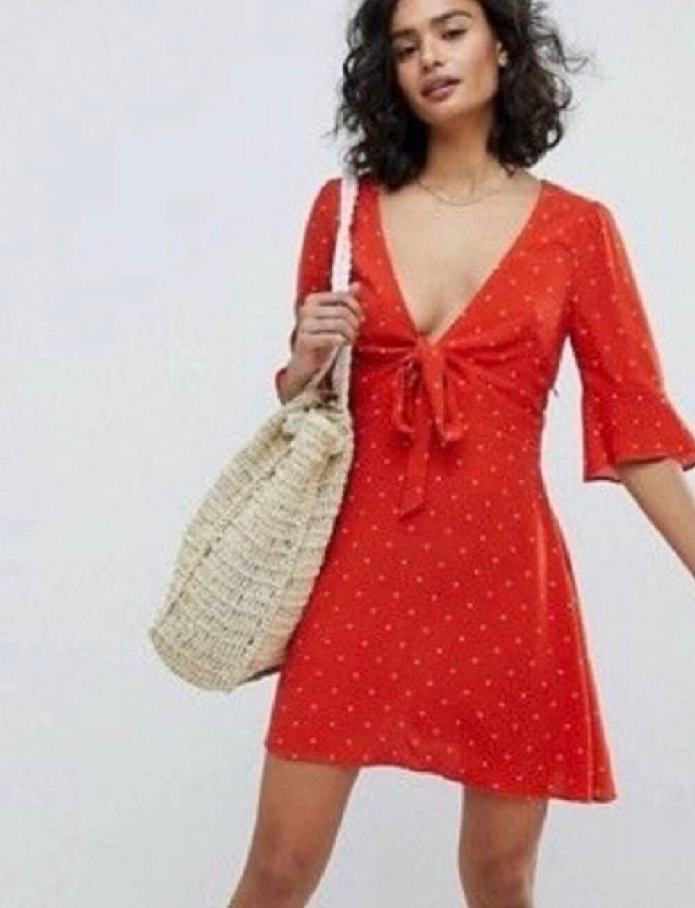 Free People All Yours Polka Dot Mini Dress in Flame Combo Sz. 10